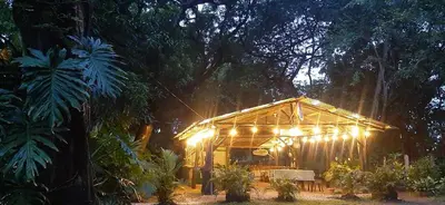 a greenhouse with lights in a garden at night at Villa Rancho Caballito in Nicoya