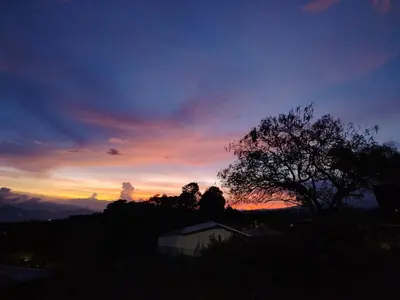 a sunset with a tree in the foreground at Hospedaje con relajante Vista in Grecia