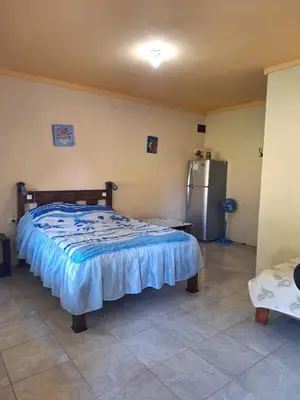 a bedroom with a bed and a refrigerator at La Tica in Horquetas