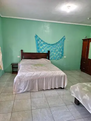 a bedroom with a bed and a blue wall at La-Tica in Horquetas