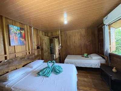 two beds in a room with wooden walls at Cabaña YeyYe in San Ramón