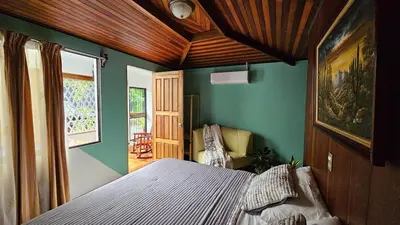 a bedroom with a bed in a room with green walls at The Hideaway La Fortuna in Fortuna