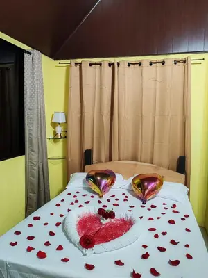 a bed with red rose petals on it at Villa Los Colibrí 11 in Agua Blanca