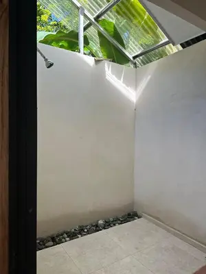a room with a wall with a window and some plants at Cabañas Playa Cedros in Puntarenas