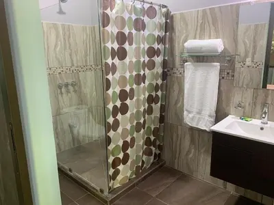 a bathroom with a shower and a sink at Casa Monos in Quepos
