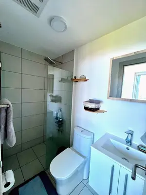 a bathroom with a toilet and a sink and a shower at Top-floor overlooking uptown with AC & parking in San José