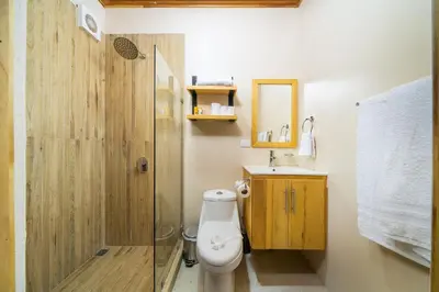 a bathroom with a toilet and a sink and a shower at Pequeno Paraiso - New Studio, 10min walk to Potrero beach, tranquil - Unit D in Potrero