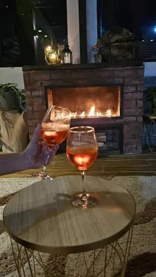 two glasses of wine on a table in front of a fireplace at Glamping Los tucanes in San José
