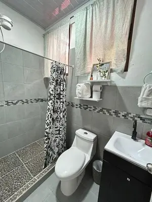 a bathroom with a toilet and a shower curtain at Apartamento Quepos in Quepos