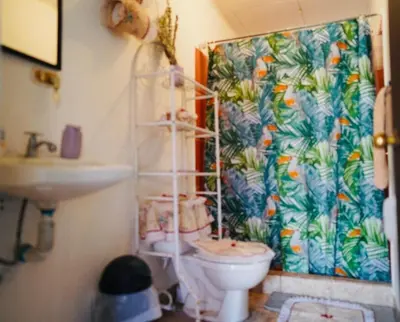 a bathroom with a toilet and a sink at Pura Vida Tico Casita in Barva