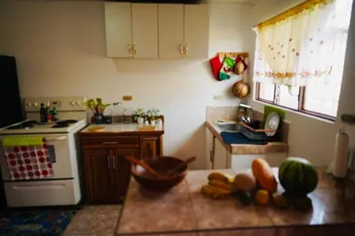 a kitchen with a table with a bowl of fruit on it at Pura Vida Tico Casita in Barva