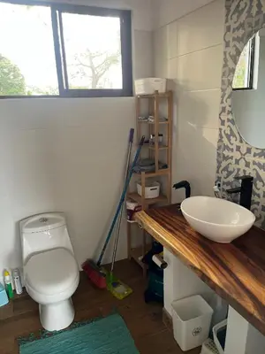 a bathroom with a white toilet and a sink at Pronájem prázdninového domu in Tivives