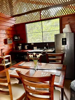 a kitchen with a wooden table with chairs and a refrigerator at Casa LORA Eco nature retreat in Bagaces in Bagaces