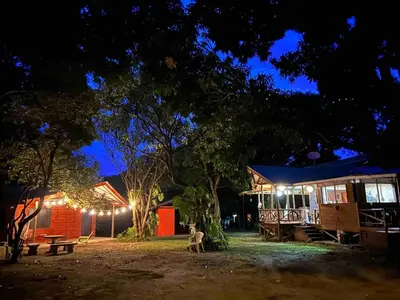 a dog standing in front of a house at night at Casa LORA Eco nature retreat in Bagaces in Bagaces