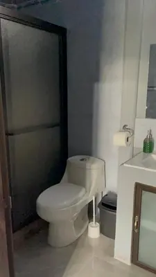 a bathroom with a white toilet and a sink at Roldán Lands in Huacas