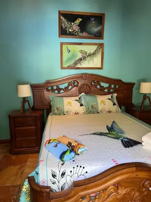a bedroom with a wooden bed with pillows on it at Casa Colibrí Playa Grande in Santa Cruz