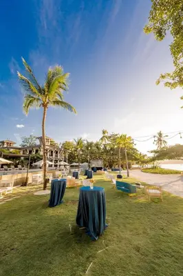 a group of tables in a field with palm trees at Luxe, Playa del Coco, Pacific in Coco