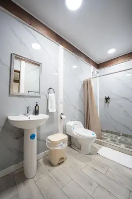 a bathroom with a sink and a toilet and a shower at Bay Lodge in La Cruz
