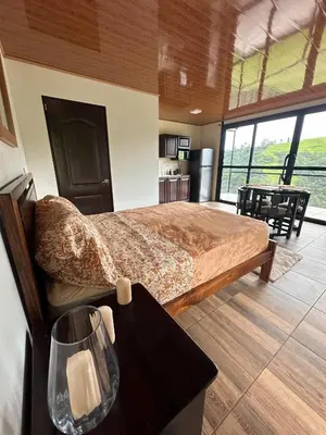 a bedroom with a bed and a table with a counter at Cabaña en Riverland in Zarcero