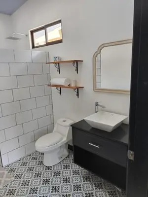 a bathroom with a toilet and a sink at Sarahs Villas in Parrita