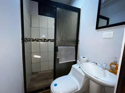 a bathroom with a shower and a toilet and a sink at Bella vista Ceci B1 in San Ramón