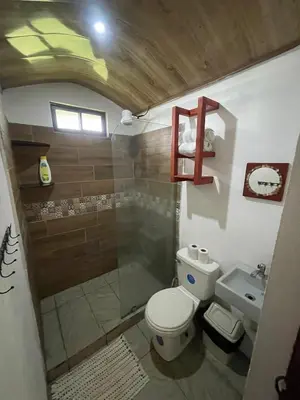 a bathroom with a shower and a toilet and a sink at Peace Home in Quepos near Beaches & Mountains in Savegre