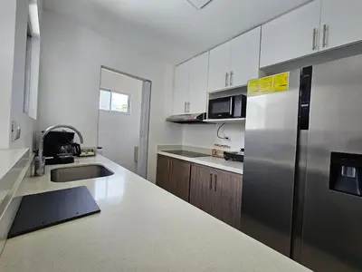 a kitchen with a stainless steel refrigerator and a sink at Apartamento Boulevar Park in Heredia