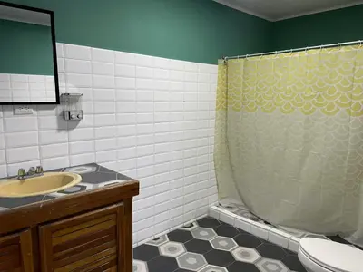 a bathroom with a sink and a shower curtain at la casona rio in Alajuela City