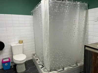 a bathroom with a toilet and a shower curtain at la casona rio in Alajuela City