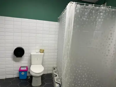 a bathroom with a toilet and a shower curtain at la casona rio in Alajuela City