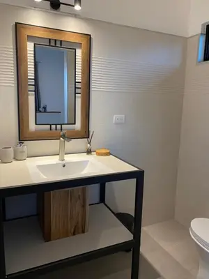 a bathroom with a sink and a mirror and a toilet at Finca Quietud in Tarcoles