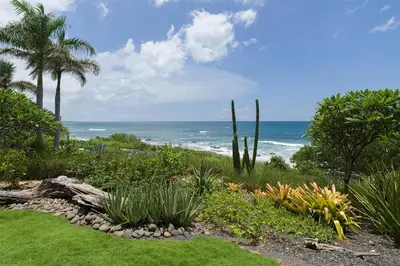 a garden with a view of the ocean and palm trees at Casa Ohana - 5 BR Ocean Front Home in Playa Negra, CRC in Playa Negra