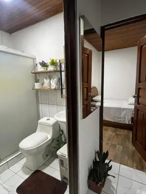a bathroom with a toilet and a sink and a bed at Downtown volcano House in Fortuna