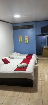 a bedroom with two beds and a blue wall at Hotel Pacande B&B in Alajuela City