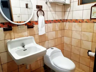 a bathroom with a sink and a toilet and a mirror at Hotel Pacande B&B in Alajuela City
