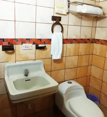 a bathroom with a sink and a toilet at Hotel Pacande B&B in Alajuela City