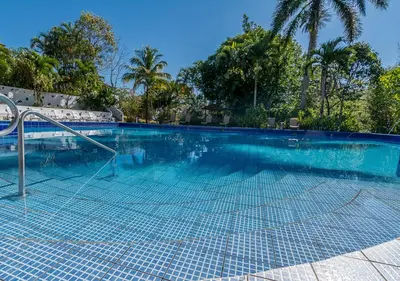 a swimming pool with blue water and palm trees at Hotel Colinas del Sol in Atenas