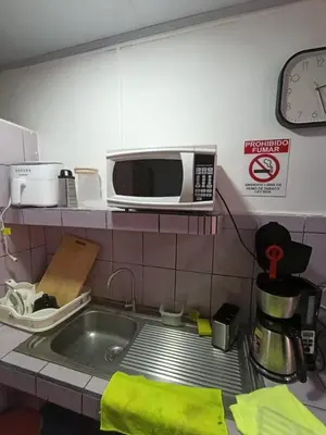 a kitchen counter with a sink and a microwave at Apartamentos Novoa in San José