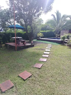 a garden with stepping stones and a picnic table at Villa Guayacanes Forest in Chachagua