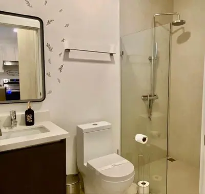a bathroom with a shower and a toilet and a sink at Palmas Resort De Tamarindo Serenity Gem in Villarreal