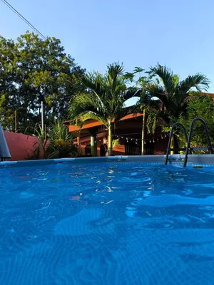 a large blue swimming pool with trees in the background at Villa tico House in Cariari
