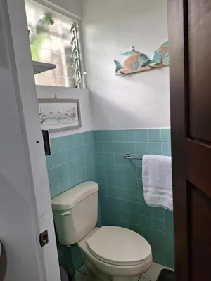 a bathroom with a toilet and blue tiles at Habitación cama individual a 10 min del Aeropuerto in Alajuela City