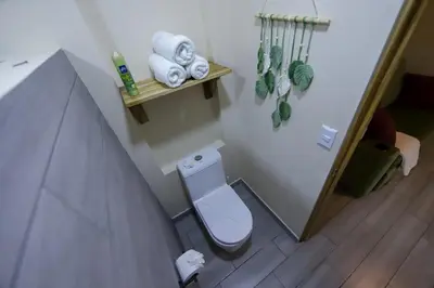 a bathroom with a toilet and a shelf with towels at Cabana Nicolia in San Francisco