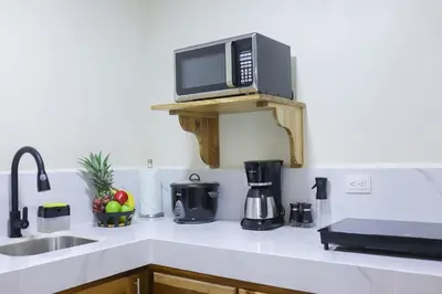 a kitchen counter with a microwave above a sink at Cabana Nicolia in San Francisco
