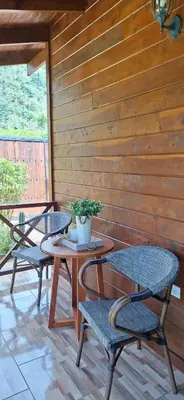 a patio with two chairs and a table with a potted plant at Casa Manglar in Coronado
