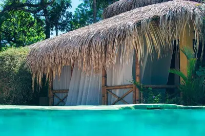 a hut with a thatched roof at Hotel Clandestino beach resort in Parrita