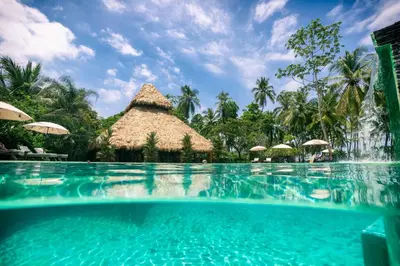 a swimming pool at a resort with a thatched at Hotel Clandestino beach resort in Parrita