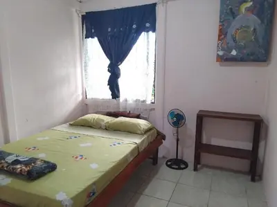 a bedroom with a bed and a window and a fan at Monkey Beach House in Tortuguero