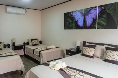 a room with three beds and a butterfly picture on the wall at HOTEL DEL RiO in Liberia