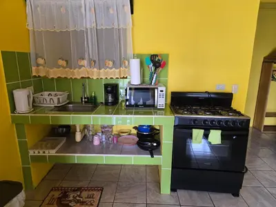 a small kitchen with a stove and a microwave at Rusticas Dani in Tanque